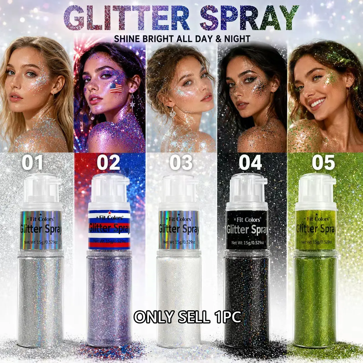 Fit Colors Glitter Spray, Fine Shimmer Powder for Face, Body, Hair, Music Festival, Stage, Party, Concert, Galaxy Makeup Effect