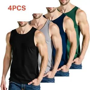 Set of four men’s sleeveless athletic tank tops featuring a casual urban style. They feature a U shaped neckline and wide shoulder straps, crafted from ribbed textured fabric that adds texture. Highly elastic slim fit contours the body and defines lines.