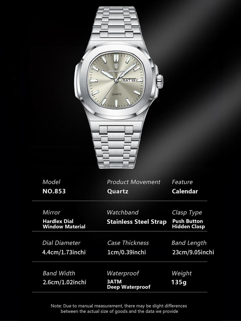 Men's Business Fashion Waterproof Luminous Dial Analog Quartz Watch, Stainless Steel Watches, Fashion Watch for Party, Daily Clothing Decor, Trendy All-match & Exquisite Watch for Birthday Gift with Box