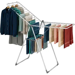 Clothes Drying Rack, Foldable Drying Rack Clothing, Sturdy Metal Laundry Drying Rack, Height-Adjustable Gullwing, Easy to Fold, Space-Saving, for Indoor Outdoor, White