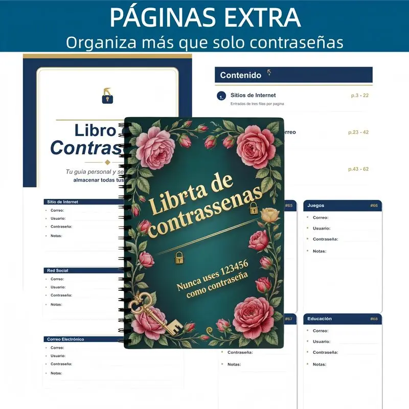 European Vintage Pink Rose Spanish Password Book A5 Size, Spiral-Bound Account Info Notebook with Alphabet Index, Email and Website Password Organizer, 70 Pages