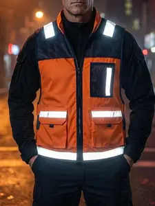 American Summer Commute Tactical Outdoor Men's Work Vest, Reflective Emergency Jacket, Plain Surface, Fitted Style, Casual Wear
