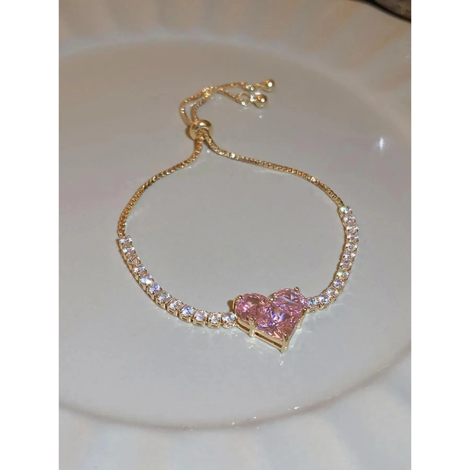 Mother's Day Gift Women's Elegant Pink Heart Design Link Bracelet, Heart Shaped Bracelet, Rhinestone Decorated Trendy Bracelet, Fashionable Accessories for Women & Girls, Valentine's Day, Jewelry Gift, Pretty Bracelet, Heart Bracelets