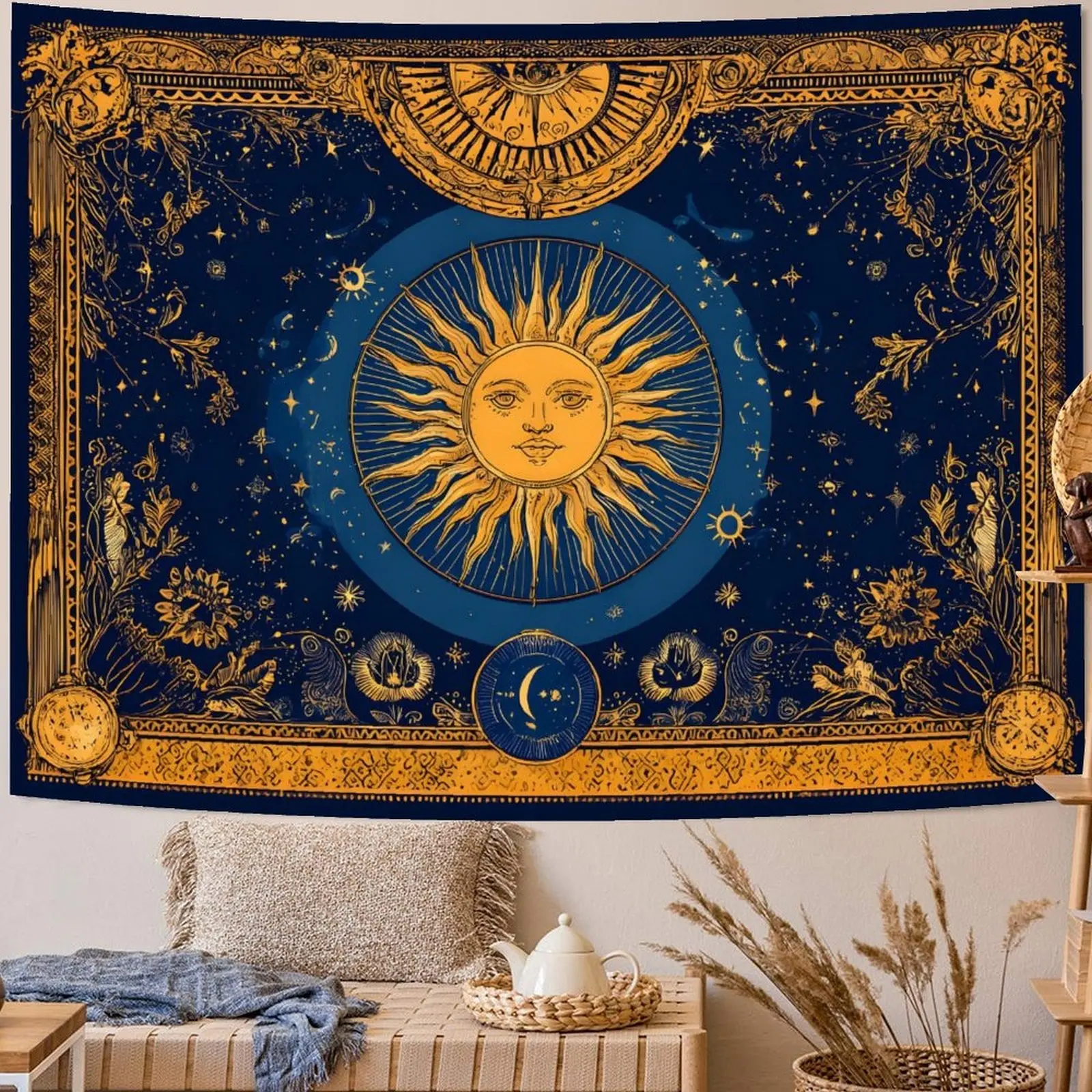 Celestial Sun Moon Cloth Tapestry Wall Hanging - Smooth Cotton Fabric, Vibrant Non-Fade Wrinkle-Free, Cosmic Astral Glow Print, Boho Indoors Decor, Witchy Home Altar Gift for Her