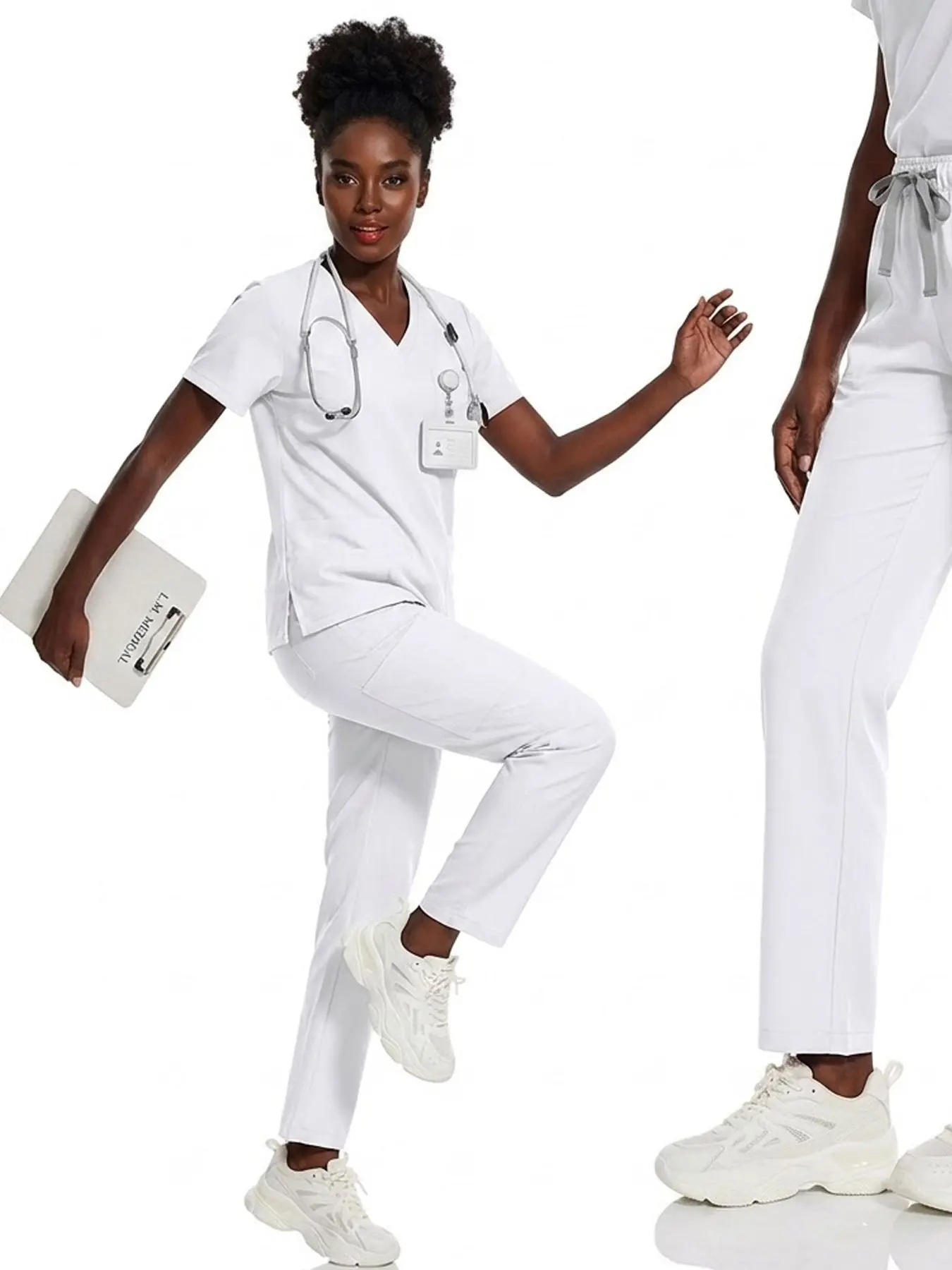 V Neck Split Scrub Set Stretch Multi Side Pocket Straight Pants Medical Work Cosplay Costume