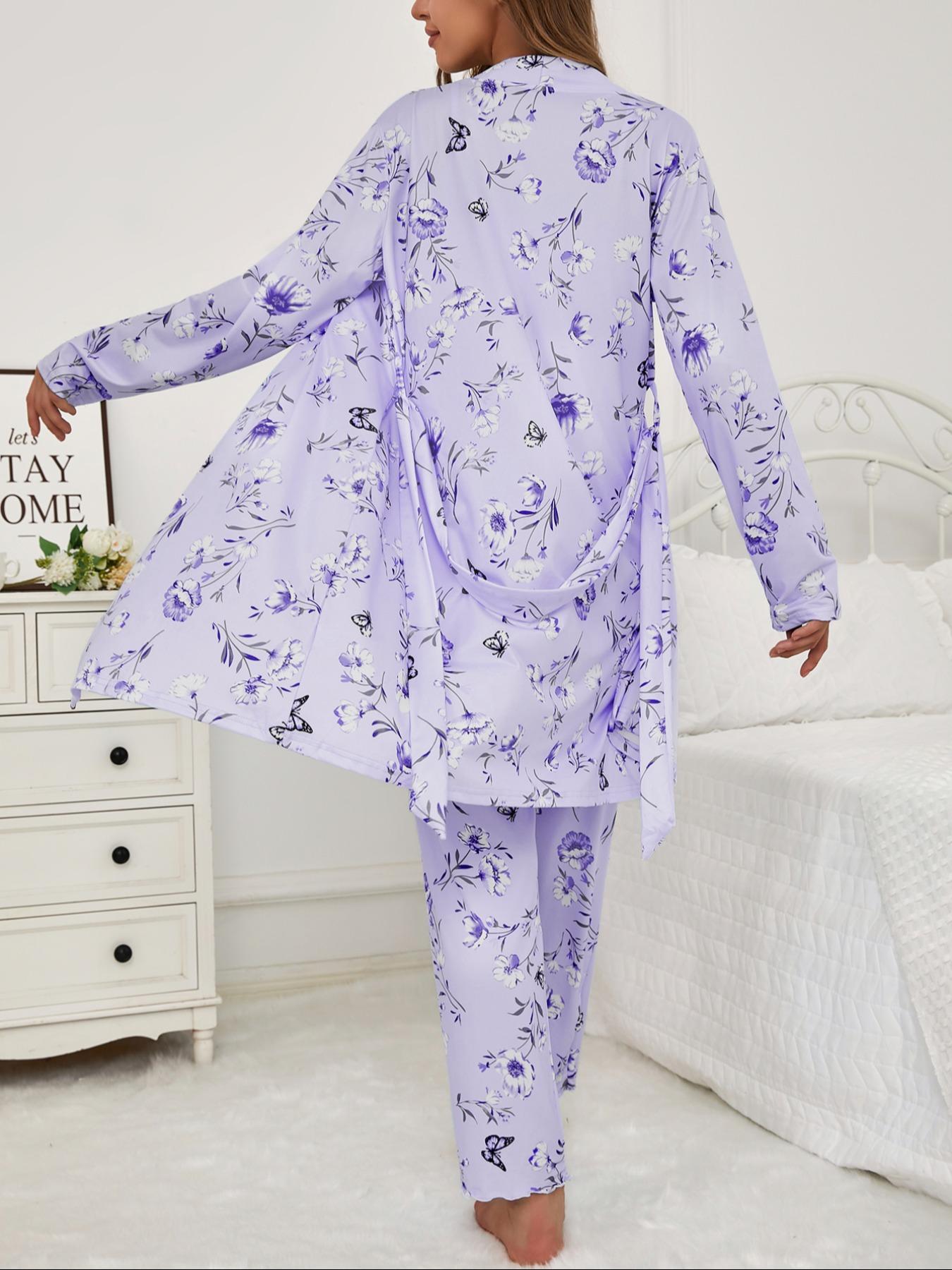 Three-Piece Set Women's Floral Butterfly Print Lettuce Trim Belted Lounge Robe & Cami Top & Pants Pyjama Set, Casual Comfy Three-piece Sleepwear Set for Women, Ladies Sleepwear for All Seasons, Pajama Set