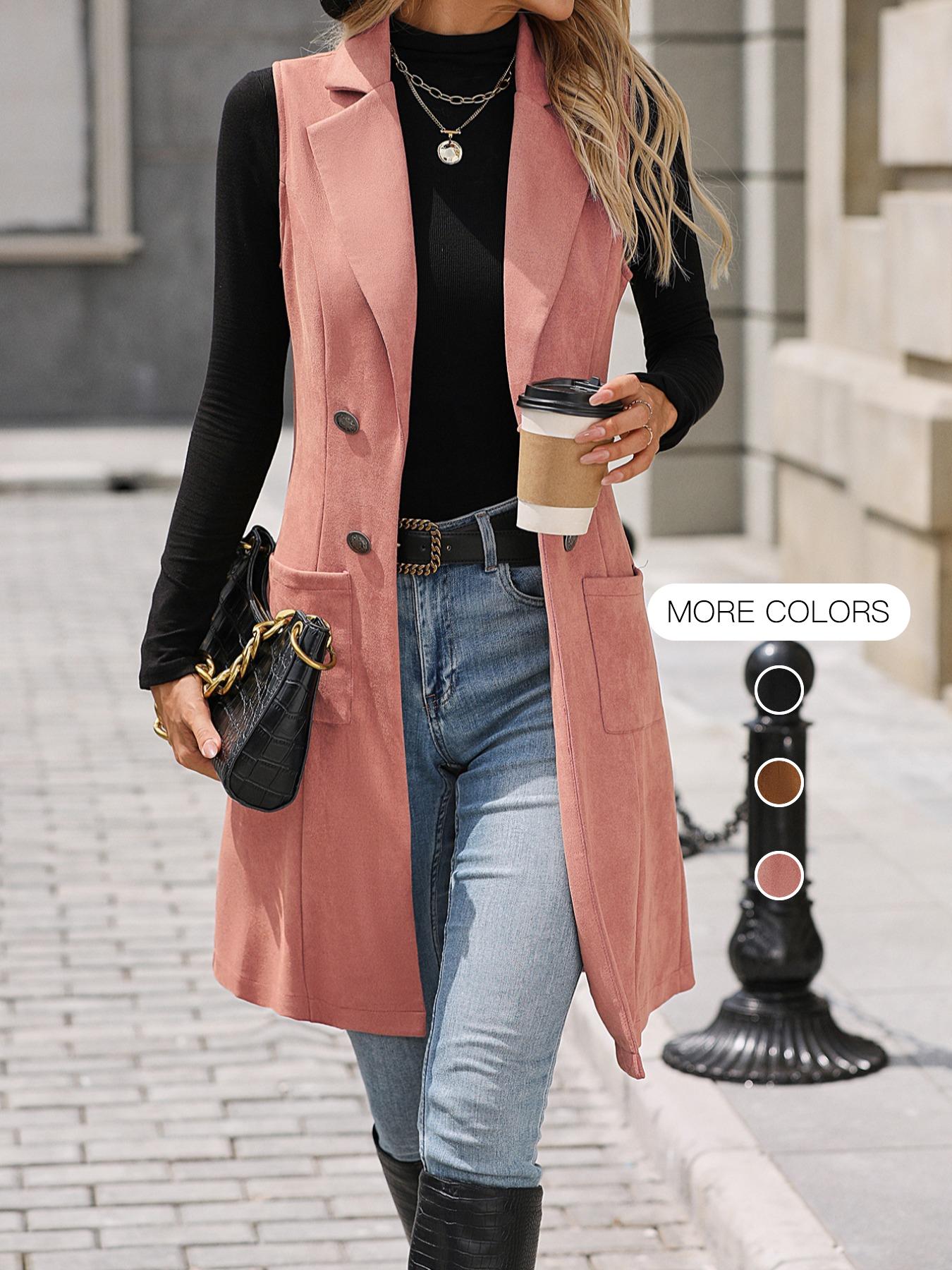 Women's Solid Button Decor Lapel Neck Suede Vest Blazer, Casual Sleeveless Pocket Open Front Longline Outerwear for Spring & Fall, Ladies' Clothes for Daily Wear
