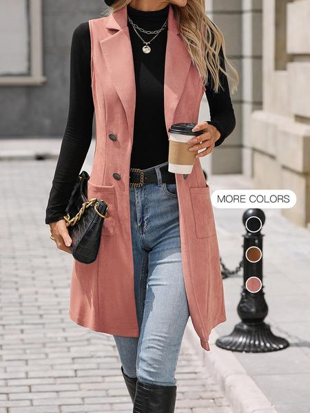 Women's Solid Button Decor Lapel Neck Suede Vest Blazer, Casual Sleeveless Pocket Open Front Longline Outerwear for Spring & Fall, Ladies' Clothes for Daily Wear