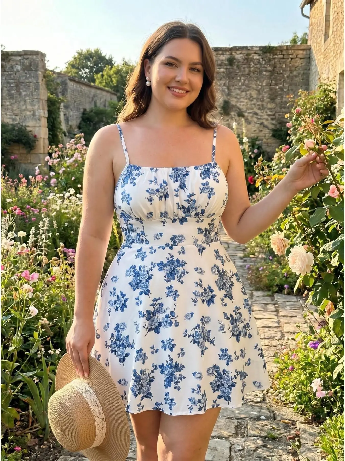Plus Size Women's Blue White Ditsy Floral Cami Mini Dress,Vintage Spaghetti Strap Fit & Flare Dress, SummerVacation Casual Party Outfit, 2026 New