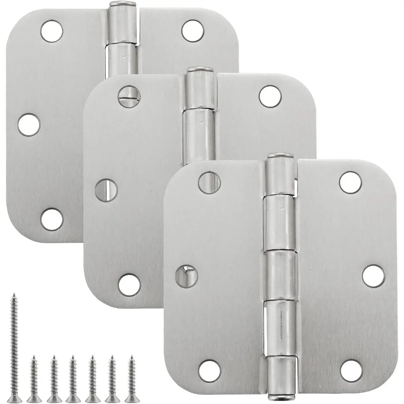 3.5 Inch Interior Door Hinges, 5/8 Inch Radius, Satin Nickel, 3 Pack | Oil-Damped Design Helps Reduce Hinge Noise, Steel Leaves and Rounded Corners Fit Bedrooms, Offices, Studies and Living Areas