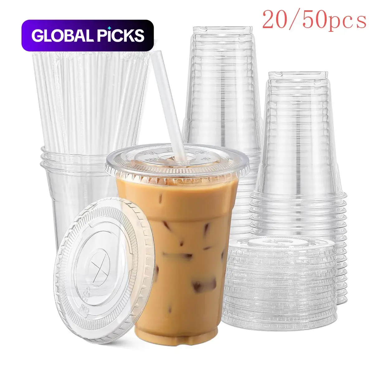 20/50 Pack 16 oz Transparent Plastic Cups with Lids and Straws, Disposable Clear Cups for Iced Coffee, Cold Drinks & Smoothies, Party Supplies