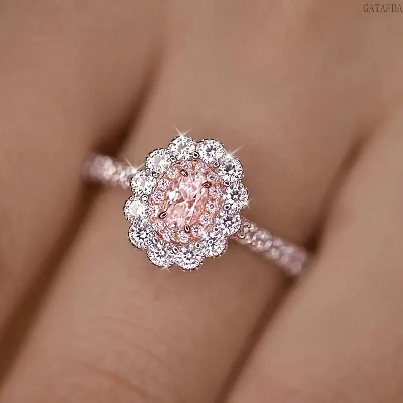 Luxury Two-Tone Sunflower Ring, Oval Cubic Zirconia Four-Prong Setting, Wedding & Promise Finger Jewelry