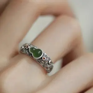 New Chinese-style auspicious cloud gourd ring for women, niche ethnic style vintage silver ring, Chinese-style adjustable open ring