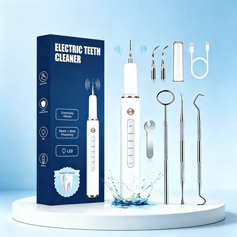 Rechargeable Electric Teeth Cleaner with 5 Intensity Modes & LED, Portable Teeth Cleaning Kit, Replacement Heads, Manual Dental Tools, Portable Tartar Removal Kit, Portable Oral Irrigator
