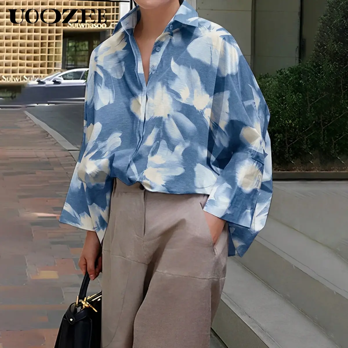 UOOZEE Women's Abstract Floral Button-Down Shirt, Oversized Batwing Longsleeve Collared Blouse in Lightweight Polyester Fabric for Casual Vacation Wear, Longsleeves, High-Low Hem, Breathable, Button Front