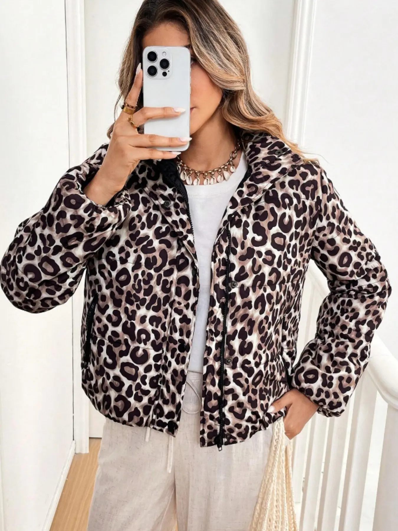 Women's Fashion Leopard Print Quilted Warm Jacket Coats, Long Sleeve Fitted Outerwear, Fall & Winter Clothing, Thanksgiving