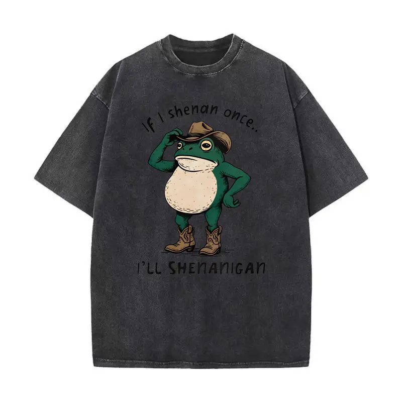 Black Acid Wash Cartoon Cowboy Frog Funny Shenanigan Western Meme Tee 100% Oversized Casual Unisex T Shirt，Women's fashion,summer Women's clothes,vintage shirts