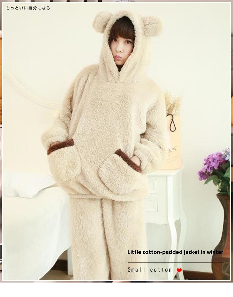 Thickened Warm Autumn Winter Women Cartoon Plush Hooded Bear Sleepwear Ladies Flannel Homewear Set Solid Nightwear Loungewear