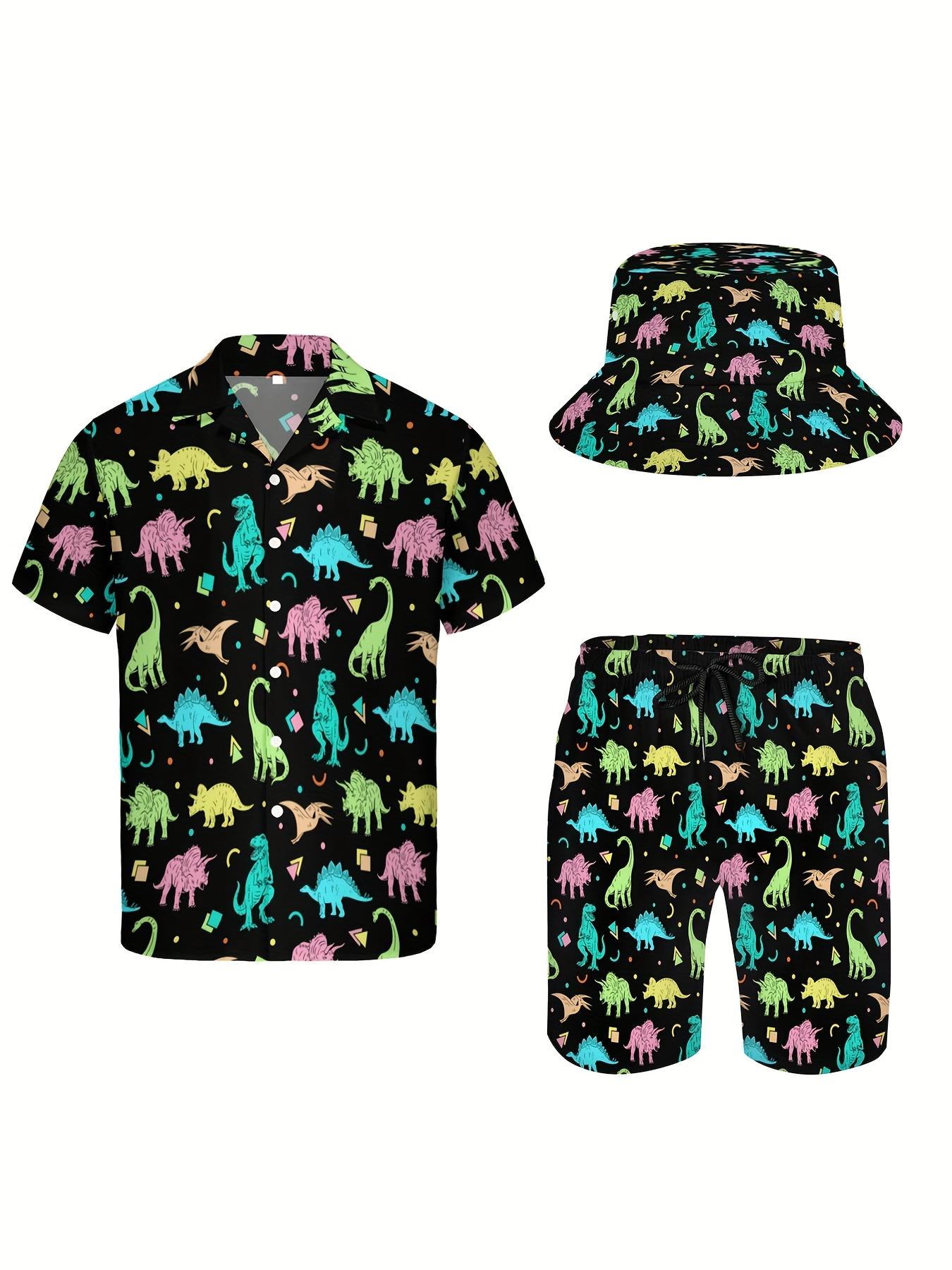 3pcs Men'S Hawaiian Shirt And Short Set, Funny Colorful Neon Dinosaur Soft Fabric Breathable Shirt Button Short Sleeve Casual Beach Shirts Outfits With Bucket Hats