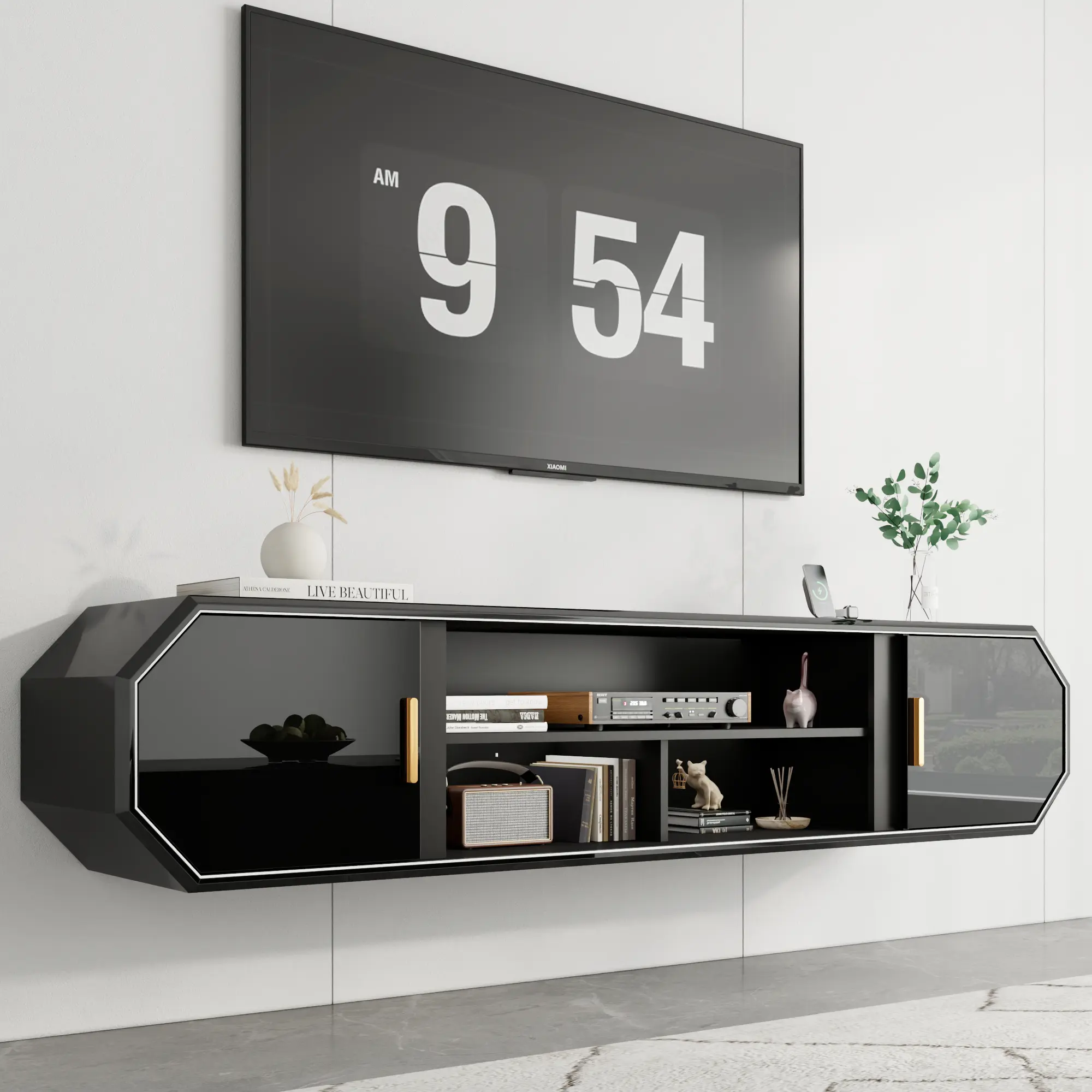71-Inch Modern Floating TV Stand, Wall-Mounted Entertainment TV Stand with Storage Cabinets, Power Outlet and USB Ports