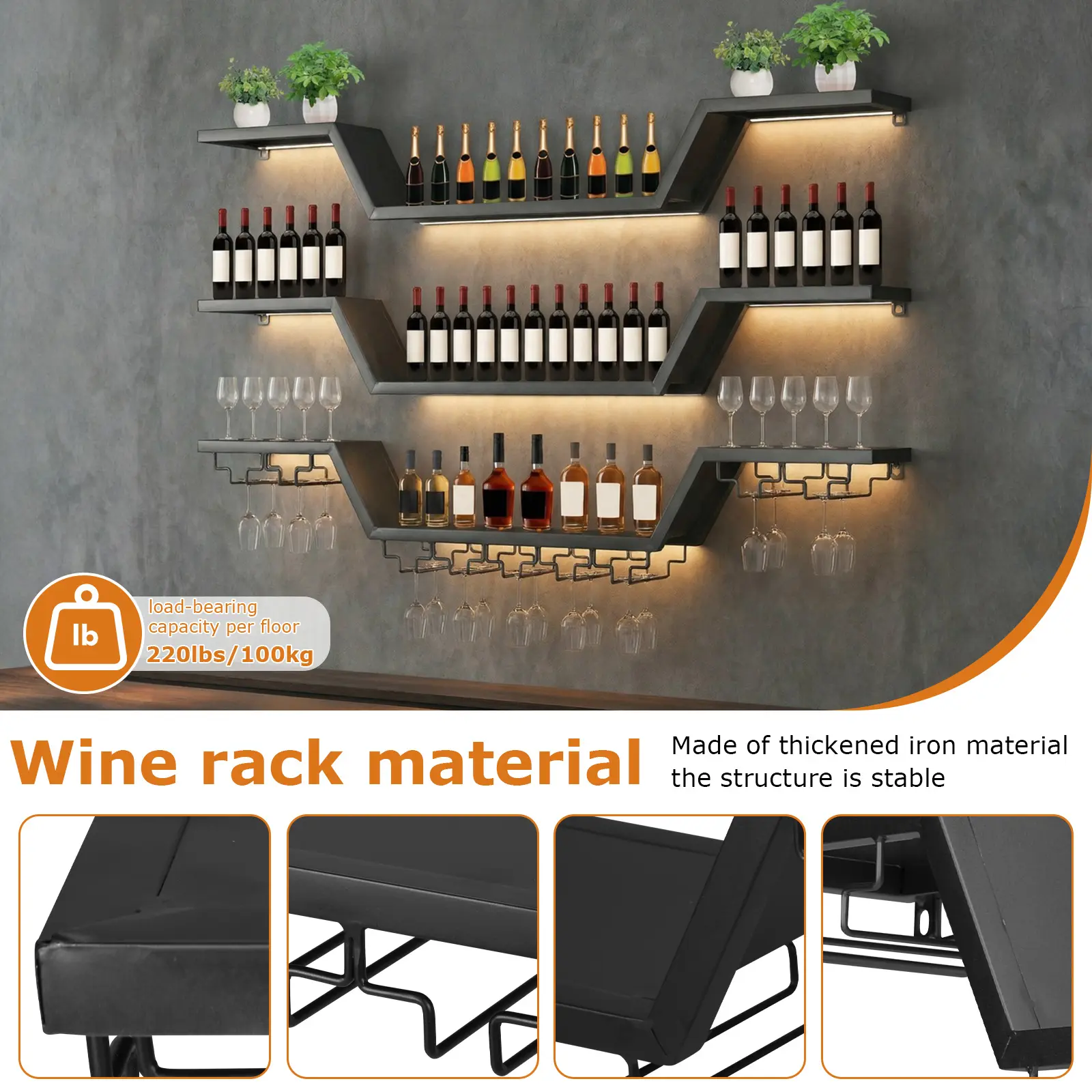 3-Tier Wavy Wall Mounted Wine Rack with LED Light, Large Iron Liquor Display Shelf with Glass Hanger, Space Saving Floating Bar Storage Organizer for Home Bar Cafe Decor