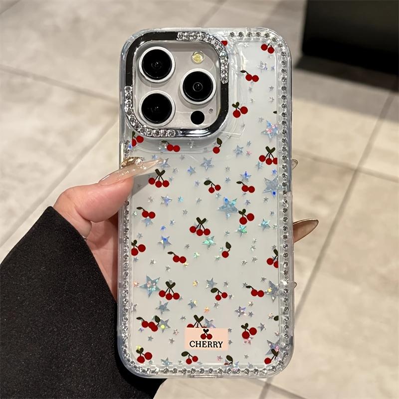 A Full-Screen Cherry Phone Case Featuring a Large Hole Rhinestone Frame with Stars, Designed for Iphone17 16 Pro Max, 15 Plus, 14, 12. This Protective Cover Makes a Great Gift for Christmas, New Year, Easter, And Halloween