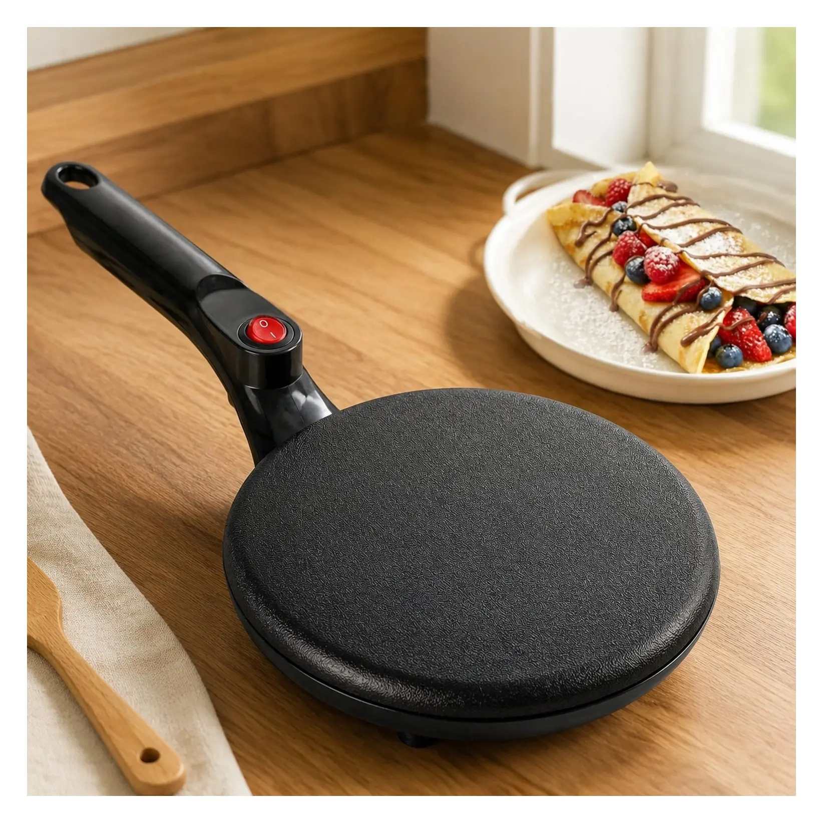 Electric Crepe Maker - 8-inch Nonstick Cooktop with On/Off Switch - Cooks Roti, Tortillas & Pancakes - Automatic Temperature Control & Cool Touch Handle - Includes Food Bowl, Whisk & SpatulaGift