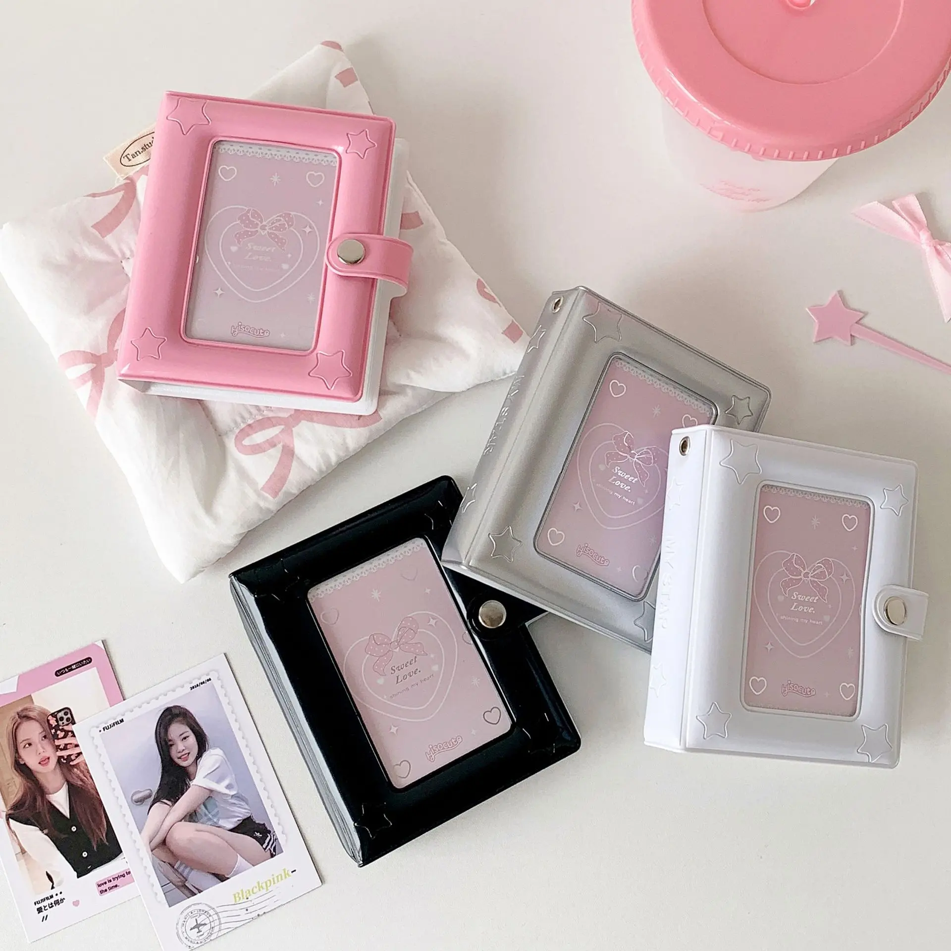 Mini 1 Pocket Photo Album 3 Inch Photocard Binder Cute Star Heart Design Snap Button Closure Portable Collect Book For Kpop Photocards Instax Mini Pictures Idol Trading Card Storage Holder