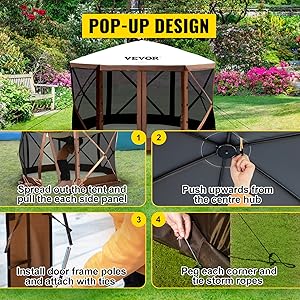 VEVOR Pop Up Gazebo Screen Tent, 6x6 ft Hexagon Pavilion with Mosquito Netting, Removable Wind Cloths & Mesh Windows for Patio and Outdoor Use