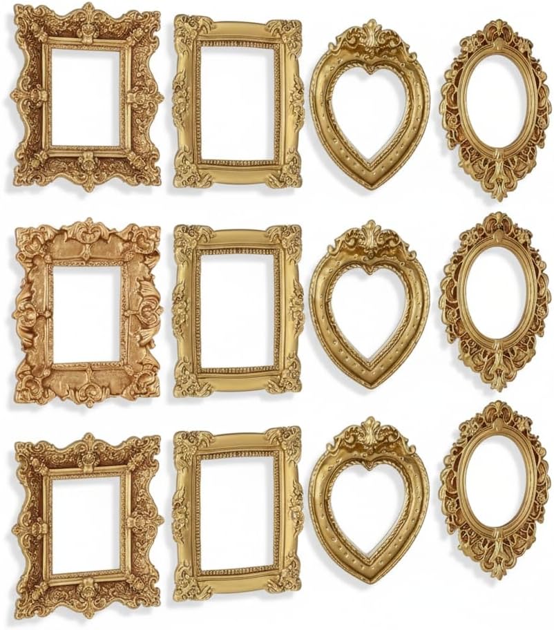12Pcs Miniature Picture Frames Set - 1:12 Scale Dollhouse Vintage Gold Frames, Oval & Rectangle Antique Photo Frames for DIY Crafts, Wedding Decor & Fairy Garden