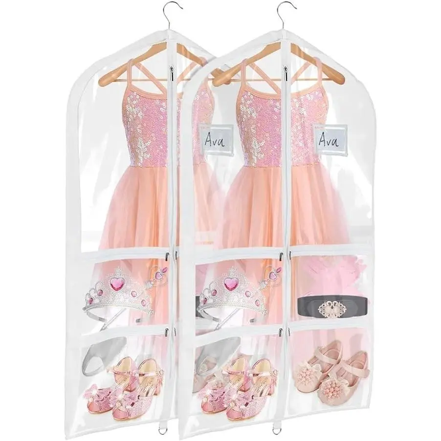 Clear Garment Bags for Dance Costumes, 40 Inch Dance Costume Garment Bags for Dancers, with 4 Medium Clear Zipper Pockets and 1 Large Back Zippered Pocket (2 Pack)