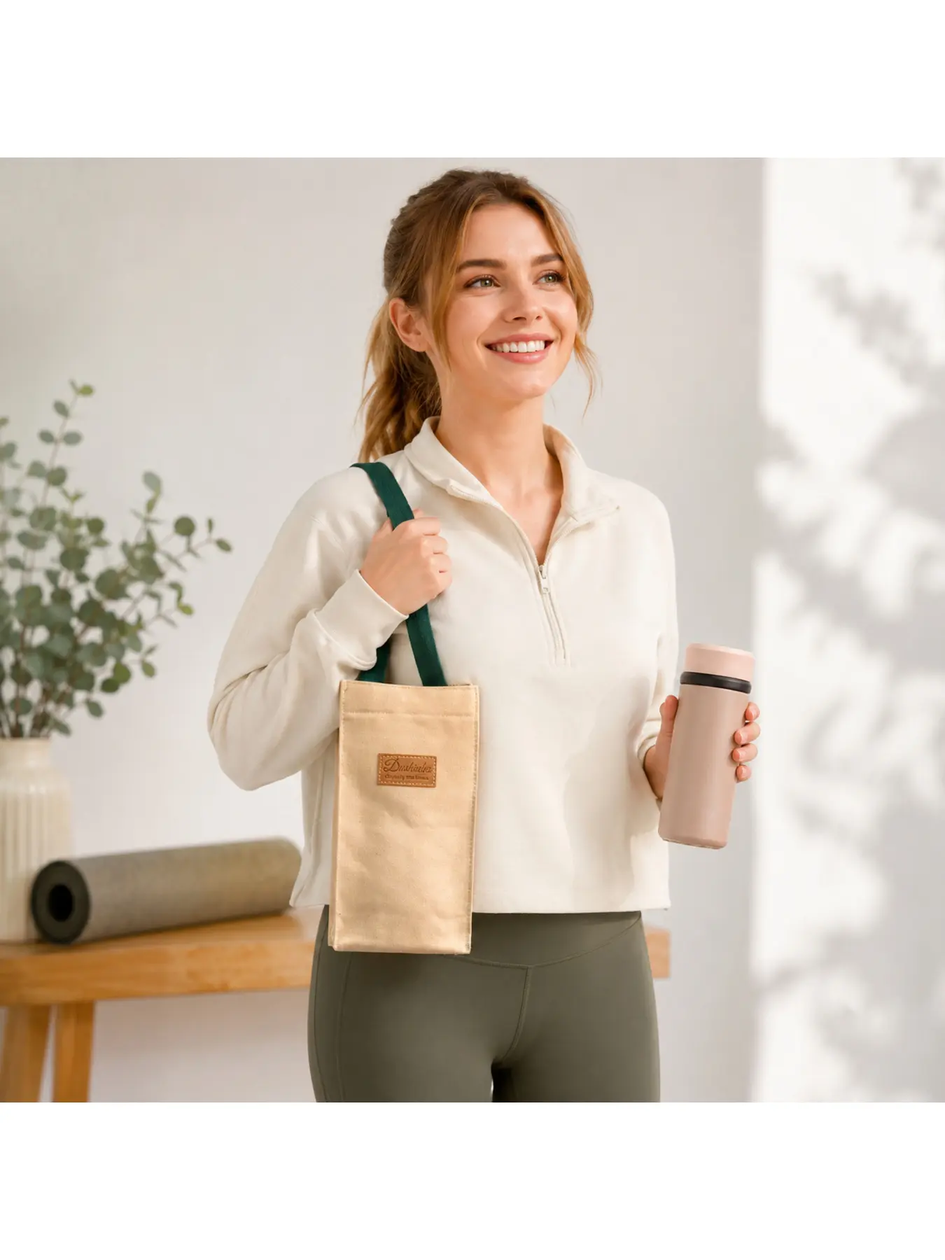 Portable Canvas Water Bottle Tote Bag with Insulated Cup Holder and Large Capacity Storage Pocket, Cute Minimalist Travel Organizer for Women, Perfect for Coffee Cups, Thermos Bottles, Makeup Essentials and Daily Accessories, Christmas Birthday Gift for M