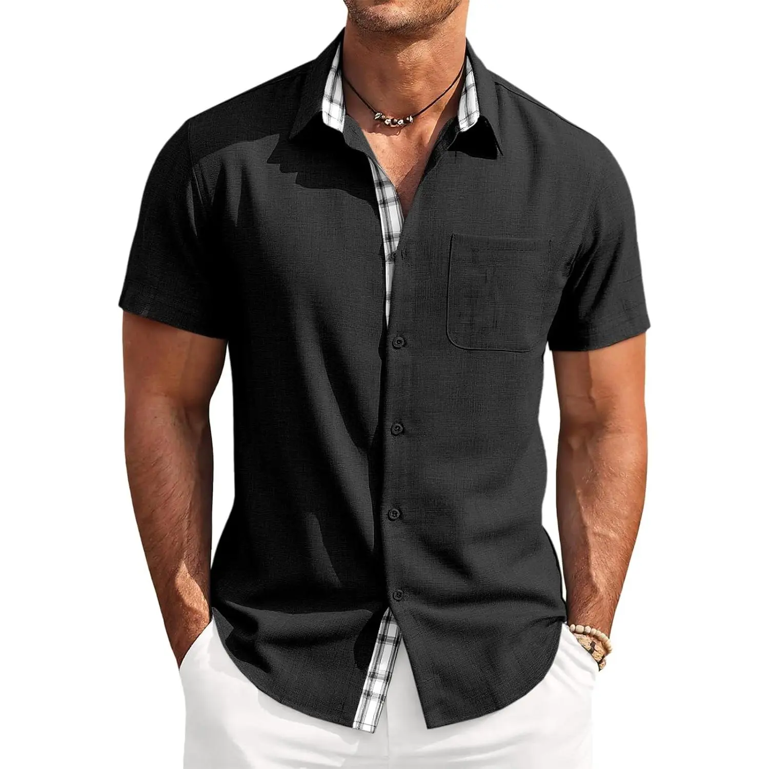 Mens Short Sleeve Shirt Button Down Casual Summer Linen Beach Shirts Vacation Wedding Tops with Pocket