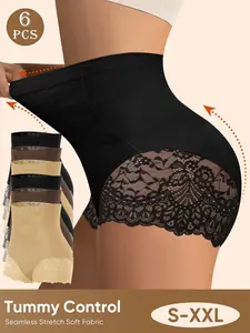 6 Pcs High-Waisted Seamless Stretchy Shaper Undies in S-Xxl, Comfy and Cute Underwear, Elegant Fitted Design, Plain Pattern, All Seasons Wear