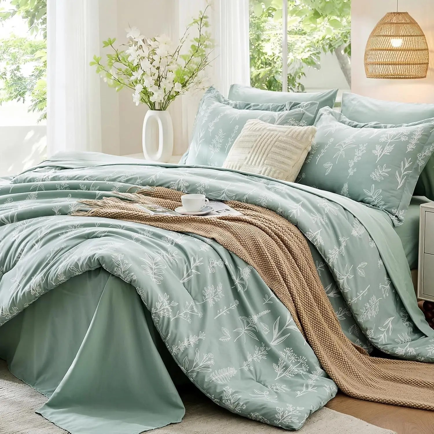 7-Piece Queen Bed Comforter Set, Sage Green Reversible Botanical Flowers Bedding in a Bag with Ultra Soft Breathable Comforter, Sheets, Pillowcases & Shams, Seven