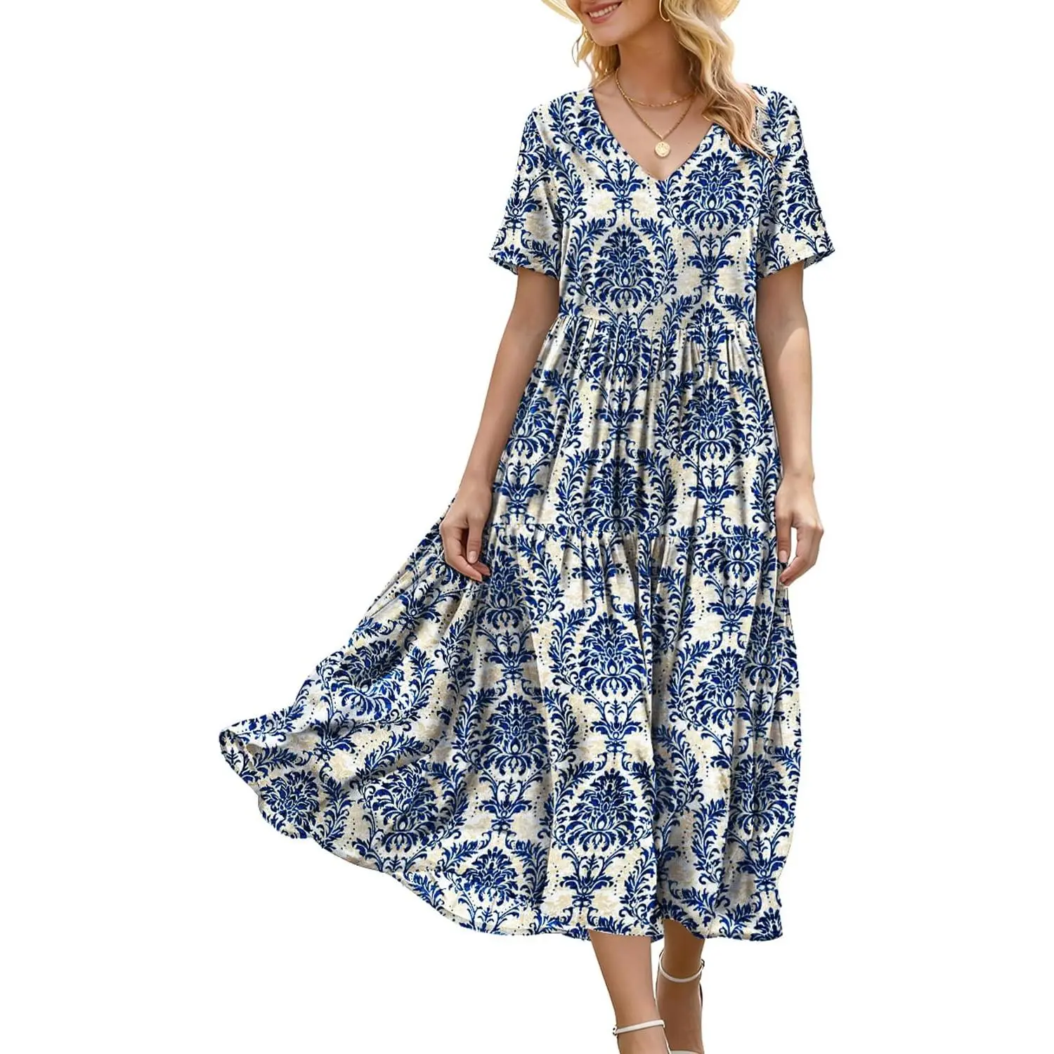 Women's Light Smooth Casual Floral Short Sleeve V-Neck Boho Maternity Maxi Dress with Pockets, Casual Wear for Beach Vacation, Necklace-Ready Design, Garment, Fit, Swing, Shift, Feminine, Shortsleeve, Elegant, Plus Size Fashion, Floral Swirls, Boho Casual