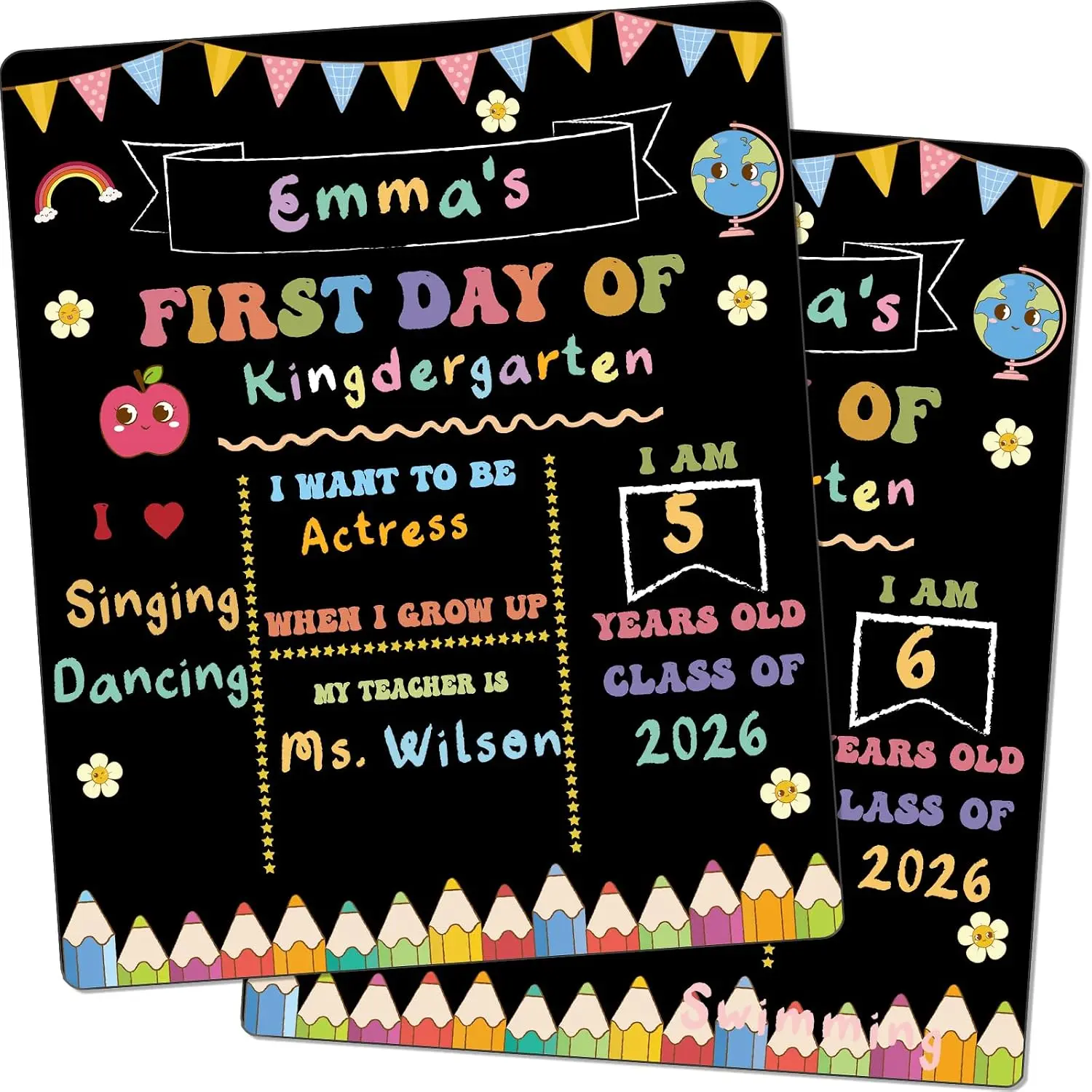 Double-Sided First & Last Day Sign Board, 10"x12" School Milestones Chalkboard, Cute Crayon Retro Groovy Photo Prop, Easy Wipe School Supplies Accessory