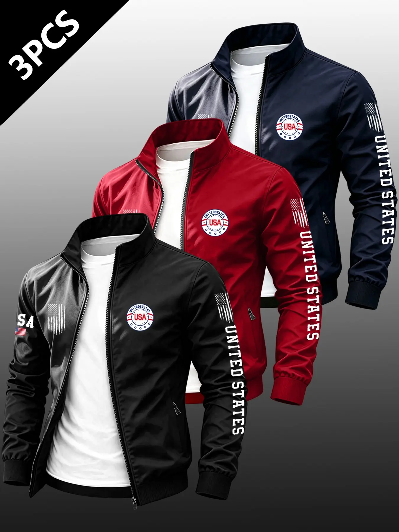 3-Piece Uas Patriotic Men's Lapel Windbreaker, Lightweight Breathable Lining, Spring & Fall Outerwear, Casual Street Style, Outdoor Wear