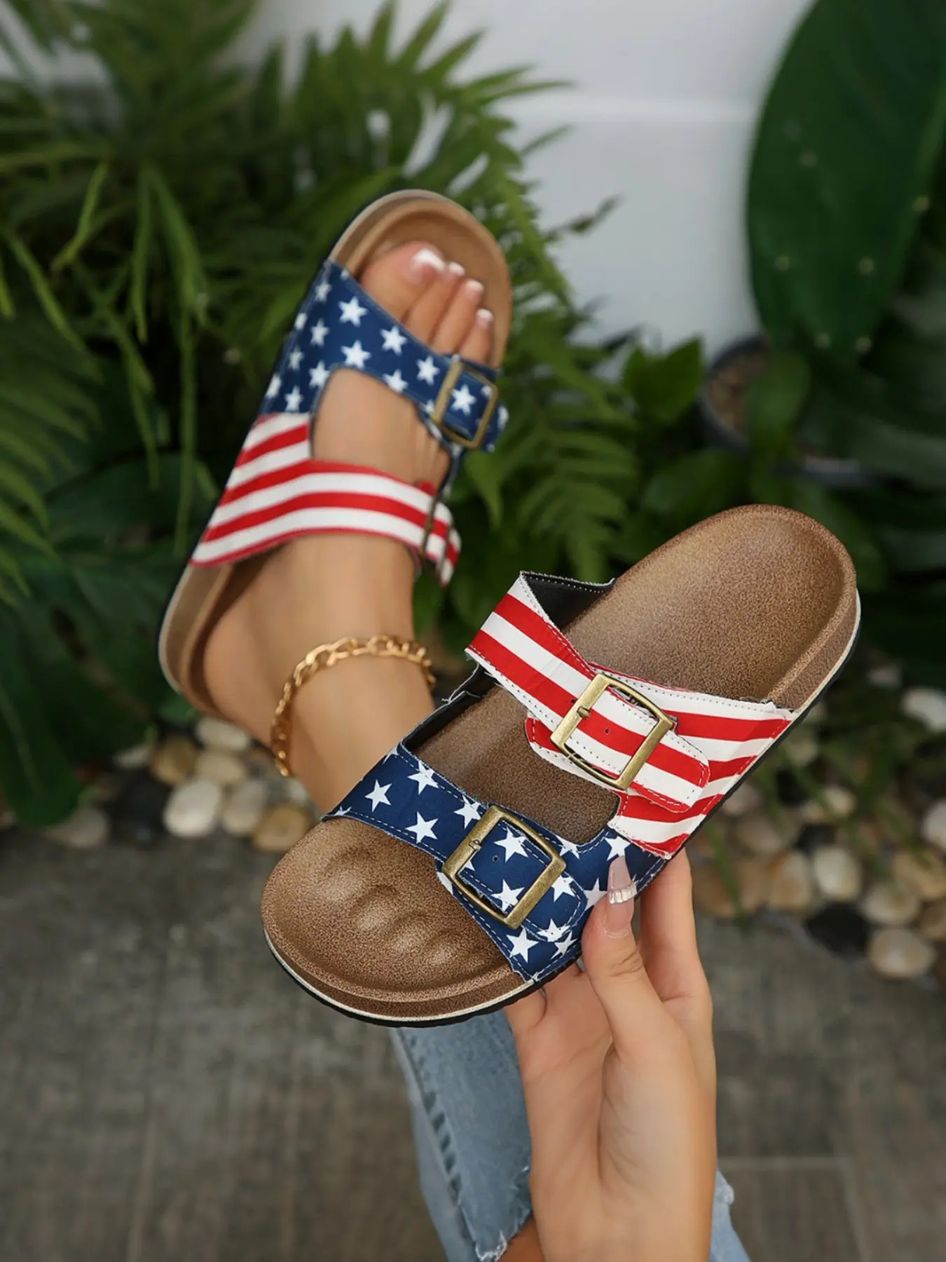 Women's Usa Flag Print Double Buckle Strap Cork Footbed Slide Sandals, Flat Open Toe Summer Casual Mules, Comfortable and Stylish Footwear