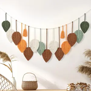 Macrame Wall Hanging Boho Woven Tapestry Chic Home Decor Handmade Yarn Tassels Colorful Leaf Feather Wall Hanging Tapestry Bohemian Wall Art Decorations for Nursery Bedroom Living Room Backdrop