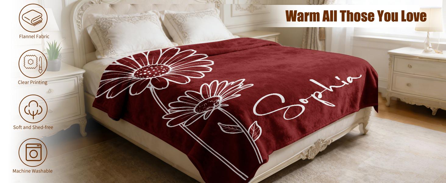 Gifts for Mom, Mothers Day Blanket Gifts, Custom Blanket with Name and Birth Month Flowers, Personalized Birthday Gifts for Mom Grandma from Son Daughter
