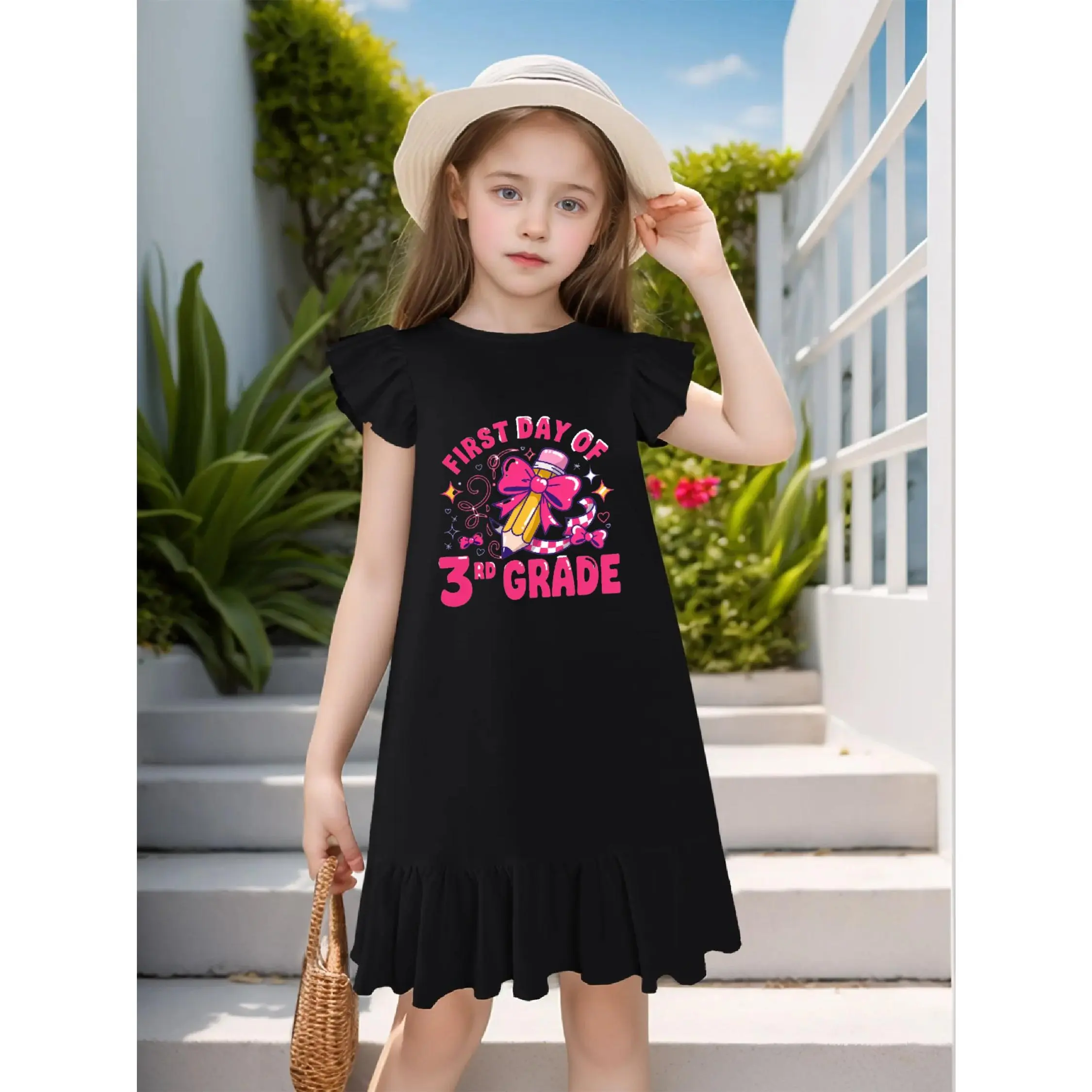 Little Girls' Flutter Sleeve Ruffle Knee-Length Dress, Back to School Outfit for 3rd Grade First Day