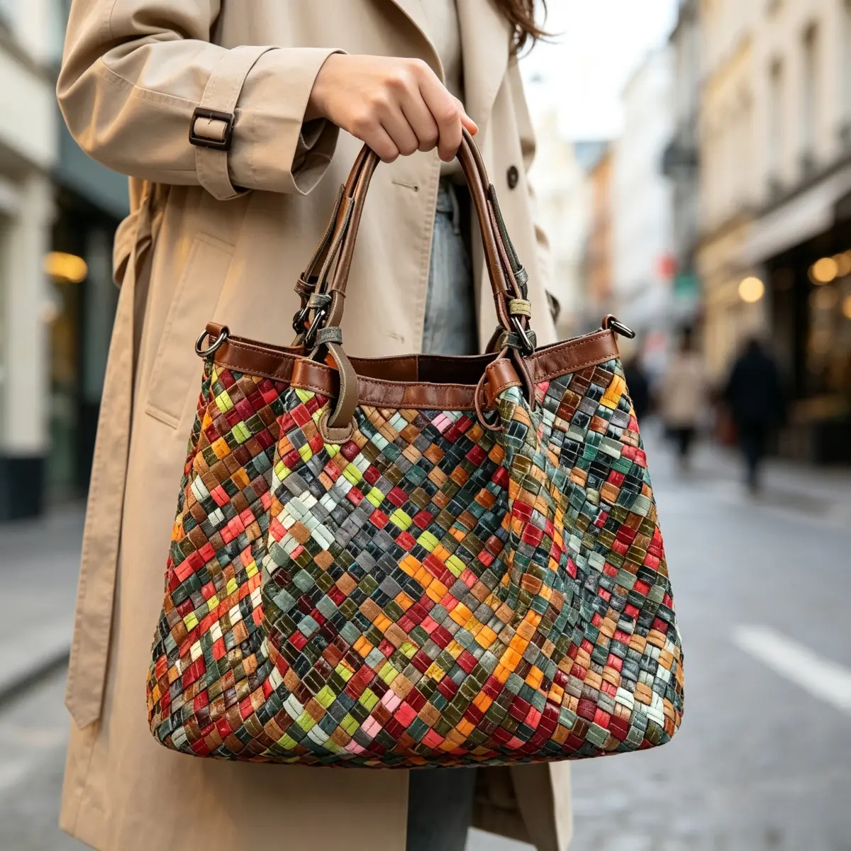 Fashionable Bohemian style colorful woven leather tote bag, vintage patchwork hand woven crossbody bag, unique ethnic style bucket bag, ideal choice for fashionistas, perfect for beach vacations, holiday outfits, and Bohemian aesthetic style