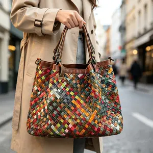 Fashionable Bohemian style colorful woven leather tote bag, vintage patchwork hand woven crossbody bag, unique ethnic style bucket bag, ideal choice for fashionistas, perfect for beach vacations, holiday outfits, and Bohemian aesthetic style