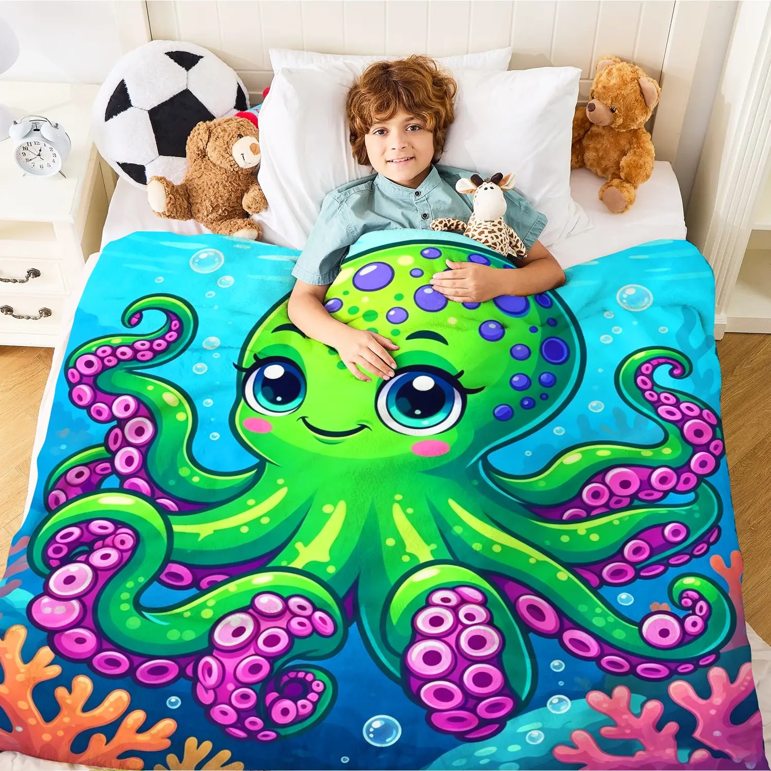 Cartoon Big-Eyed Octopus Flannel Blanket, Underwater Coral Reef Print Blanket, All-Season Warm Blanket, Suitable for Bedrooms, Dormitories, Cars, Etc., Birthday Gift Blanket for Boys and Girls.