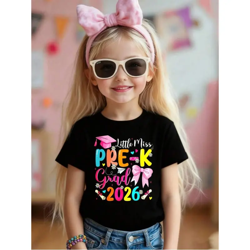 Pre K Graduation Design Kid's T-Shirt Colorful Text And Graduation Hat Graphic Black Cotton Casual Style Kindergarten Graduation Gift For Kids This Is A Perfect Present For Children
