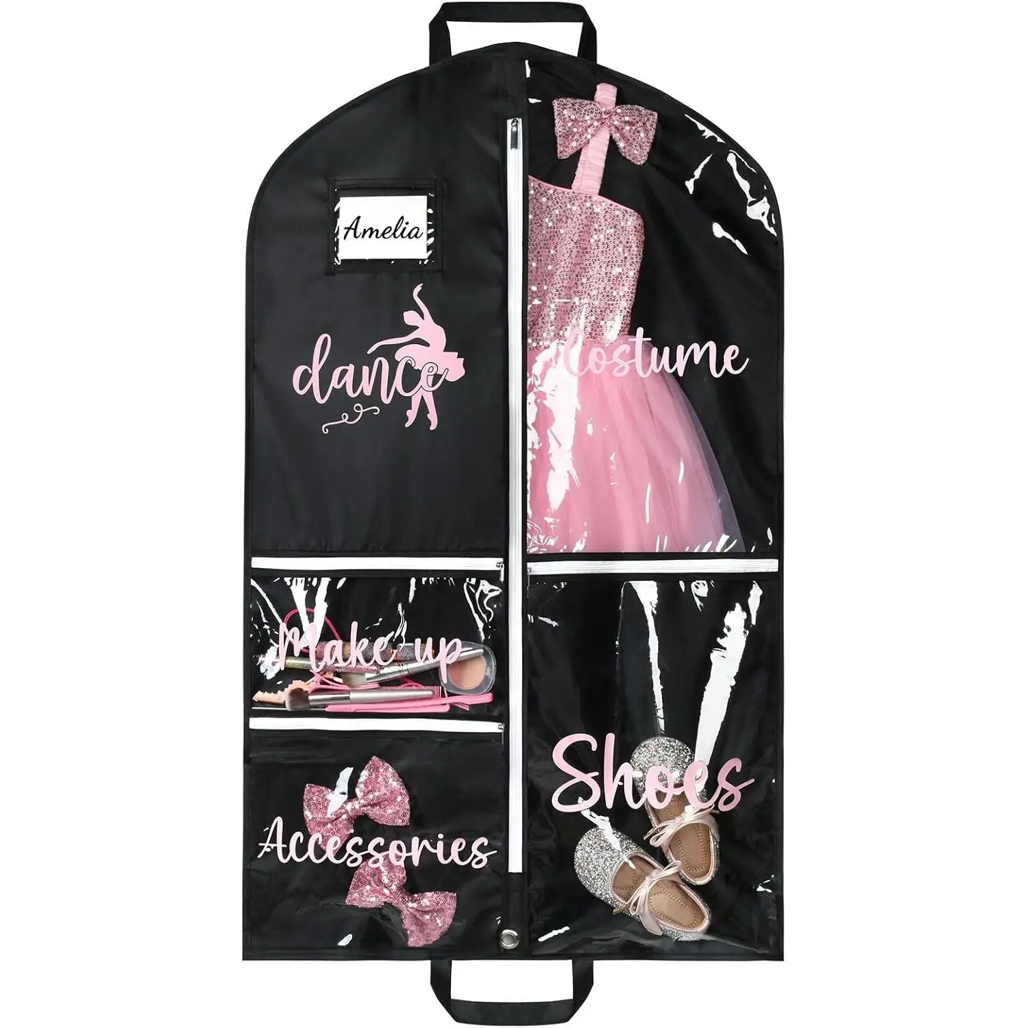 Dance Garment Bag for Hanging Clothes with Zipper Pockets Dance Accessories Essentials Uniform Costume 40 Inch Dress Bags for Dance Competition Girls (Black,Pink-Dance)