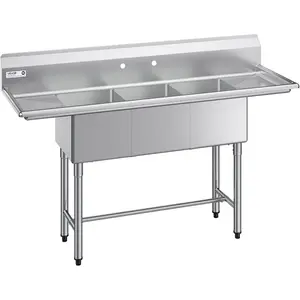 VEVOR 3 Compartment Sink, 18 - Gauge 304 Stainless Steel, 10x 14x 10 Bowl Size, 3 Bay Commercial Under Bar Sink with Double Drainboard and Backsplash for Kitchen, Restaurant, Food Truck Home Use