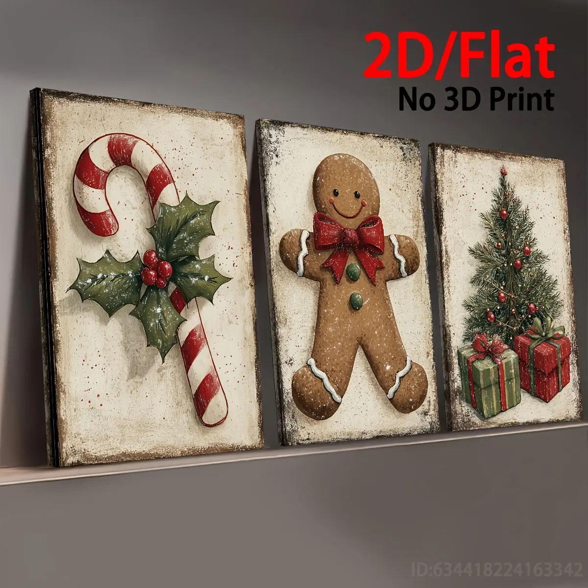 2D Flat Print Wrapped Canvas Print Set of 3, classic art with Christmas tree, gingerbread men and candies. Framed prints ready to hang, festive decor and holiday gifts for living room, bedroom, dining room and office