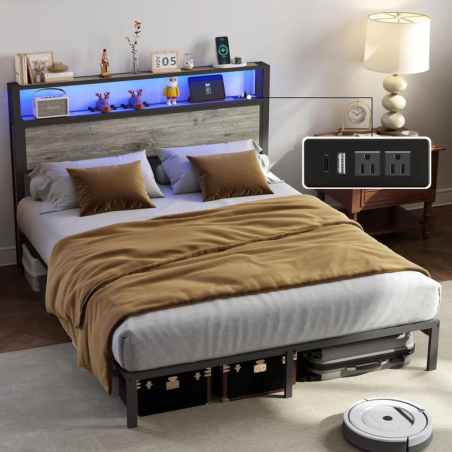 Full Queen King Bed Frame, Rustic Grey Platform Bed with 2-Tier Storage Headboard